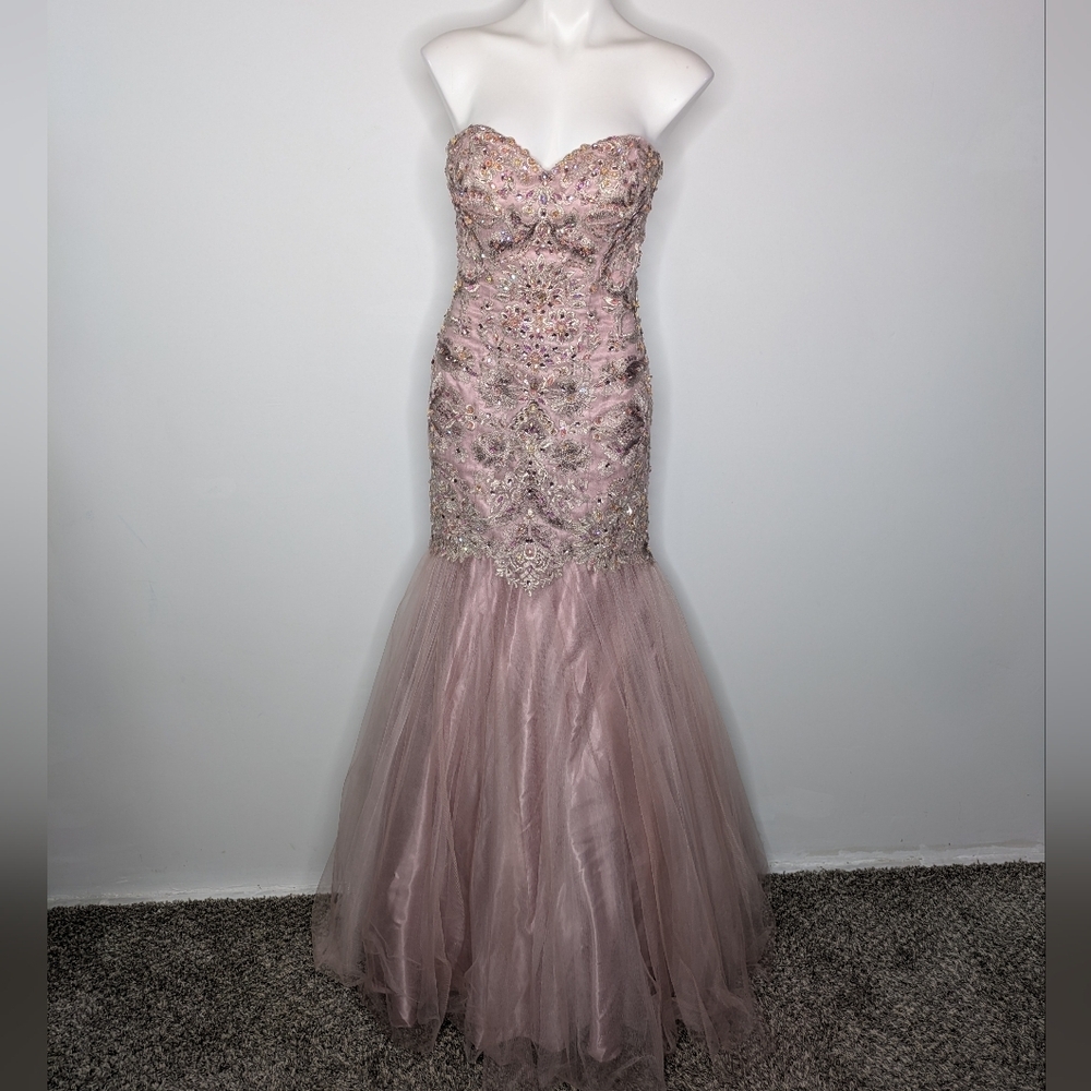 Val Stefani Blush Pink Beaded Strapless Mermaid Gown